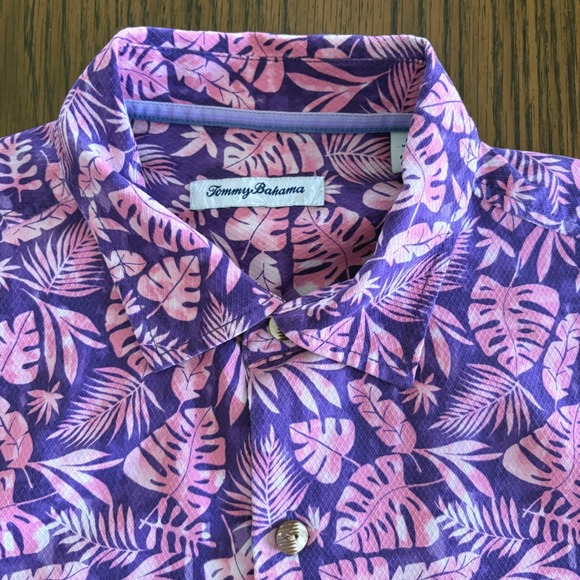 Tommy Bahama IslandZone Monstera Men LRG Purple Pink Silk Poly Coolmax Tropical - Picture 2 of 13